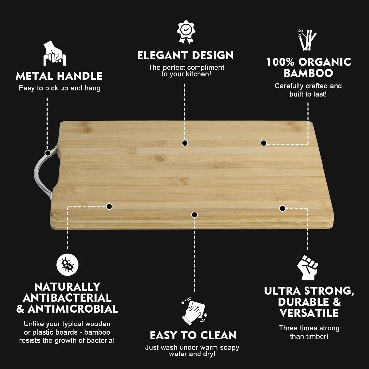 Juud 3pack Bamboo Wood Cutting Chopping Set Serving Board with Stainless Steel Handle Suitable for Meat, Vegetables and Cheese - “/20 * 30cm/24 * 34cm/30 * 40cm/” - Image 4