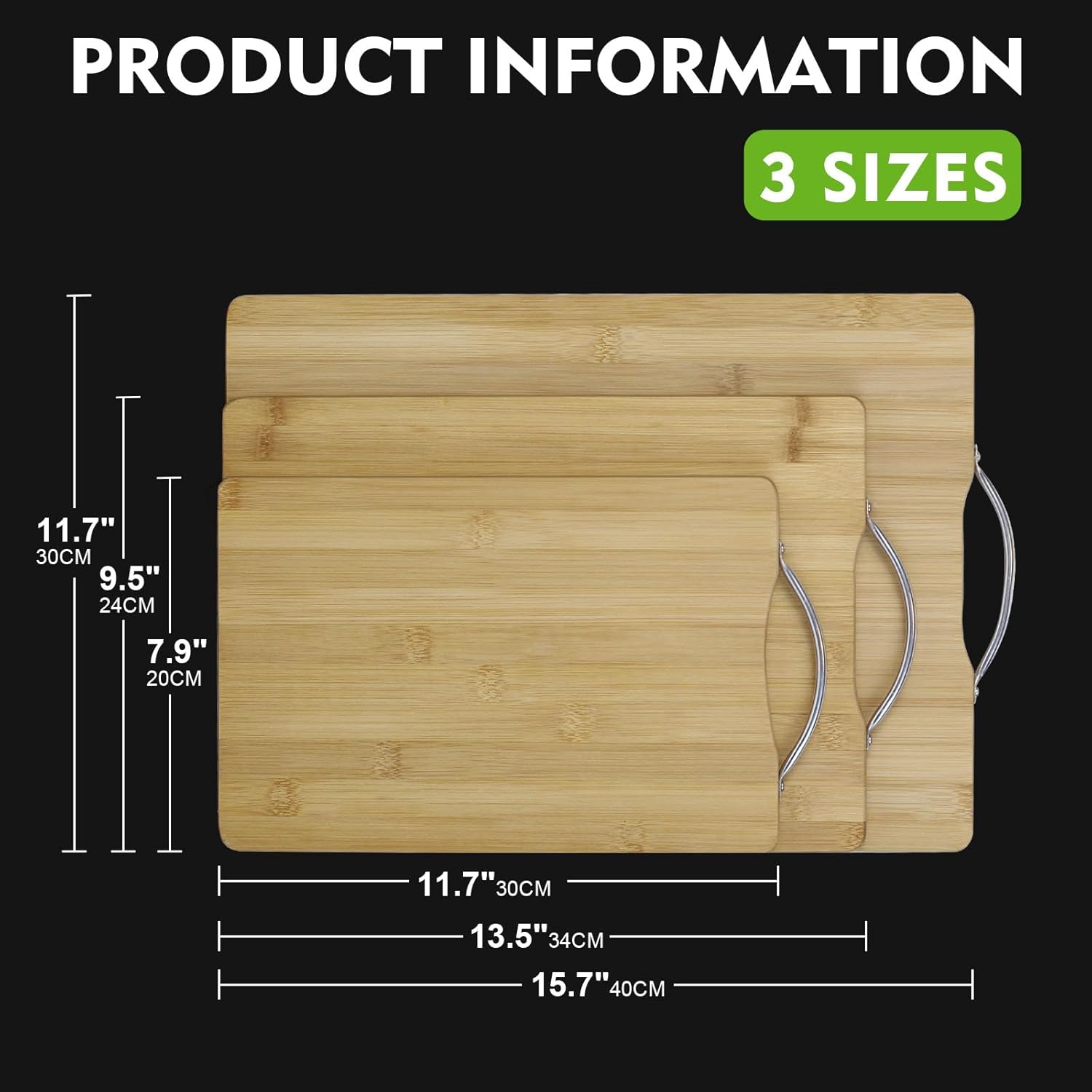Juud 3pack Bamboo Wood Cutting Chopping Set Serving Board with Stainless Steel Handle Suitable for Meat, Vegetables and Cheese - “/20 * 30cm/24 * 34cm/30 * 40cm/” - Image 7